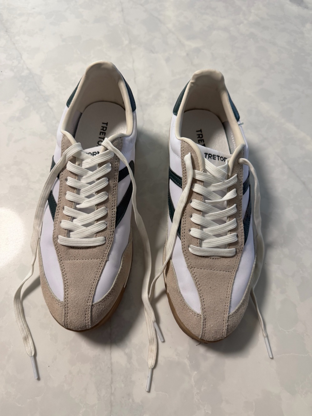 Tretorn White, Beige & Dark Green Retro Runner Sneakers